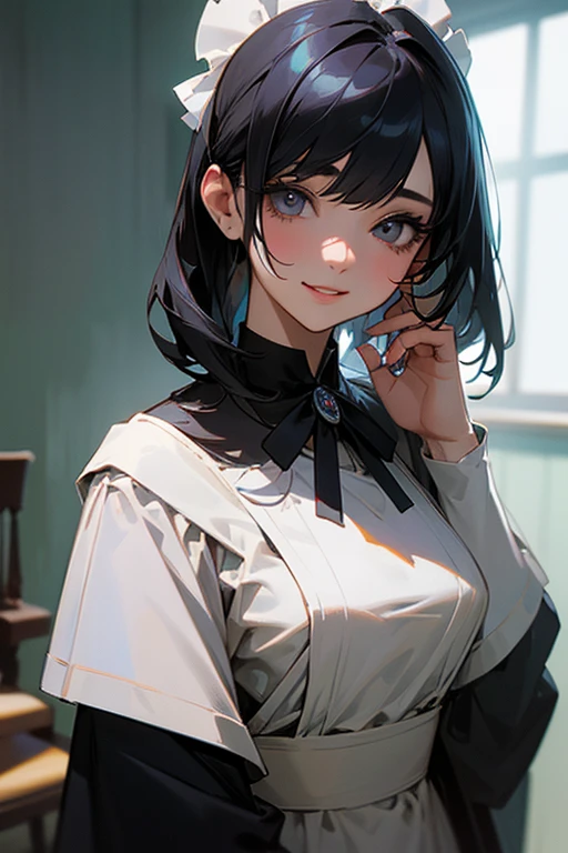 (Highest Resolution, clear_image) Highest quality, single, One woman, alone, masterpiece, Very detailed, Semi-realistic, Black Hairのショートヘア, Black Hair, bangs, 18-year-old, mature, Light blue , Indoor Background, kind, Authoritative, Powerful, exquisite features, exquisite features、Eyelashes become longer、Showing teeth、smile😀、Maid clothes、woman'Fingers in the、Sleeping on the sofa、Long Hair、Fluttering in the wind、((Change of clothes)).