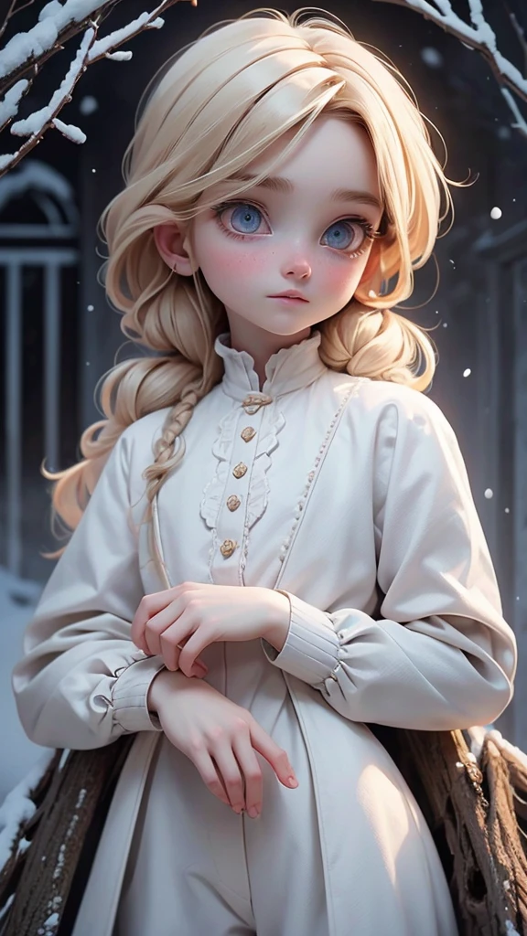 Young blond boy, medium-length hair, long eyelashes, blue eyes, 1800s clothing, worn white shirt, worn brown pants, braces, damaged clothing, disheveled hair, gloomy manor house, dark, winter, red hood, snow, outside, dead tree, dirty, cold, misty, detailed face, light eyes, medieval clothing, beautiful eyes, delicate features, soft colors, serene atmosphere, high quality, detailed, photorealistic, photo-realistic: 1. 37, 4k, ultra-detailed, extremely detailed, hyperrealistic, highly detailed, masterpiece:1.2, vibrant colors, natural lighting, cinematic, dramatic, fantastic, magical, surreal.