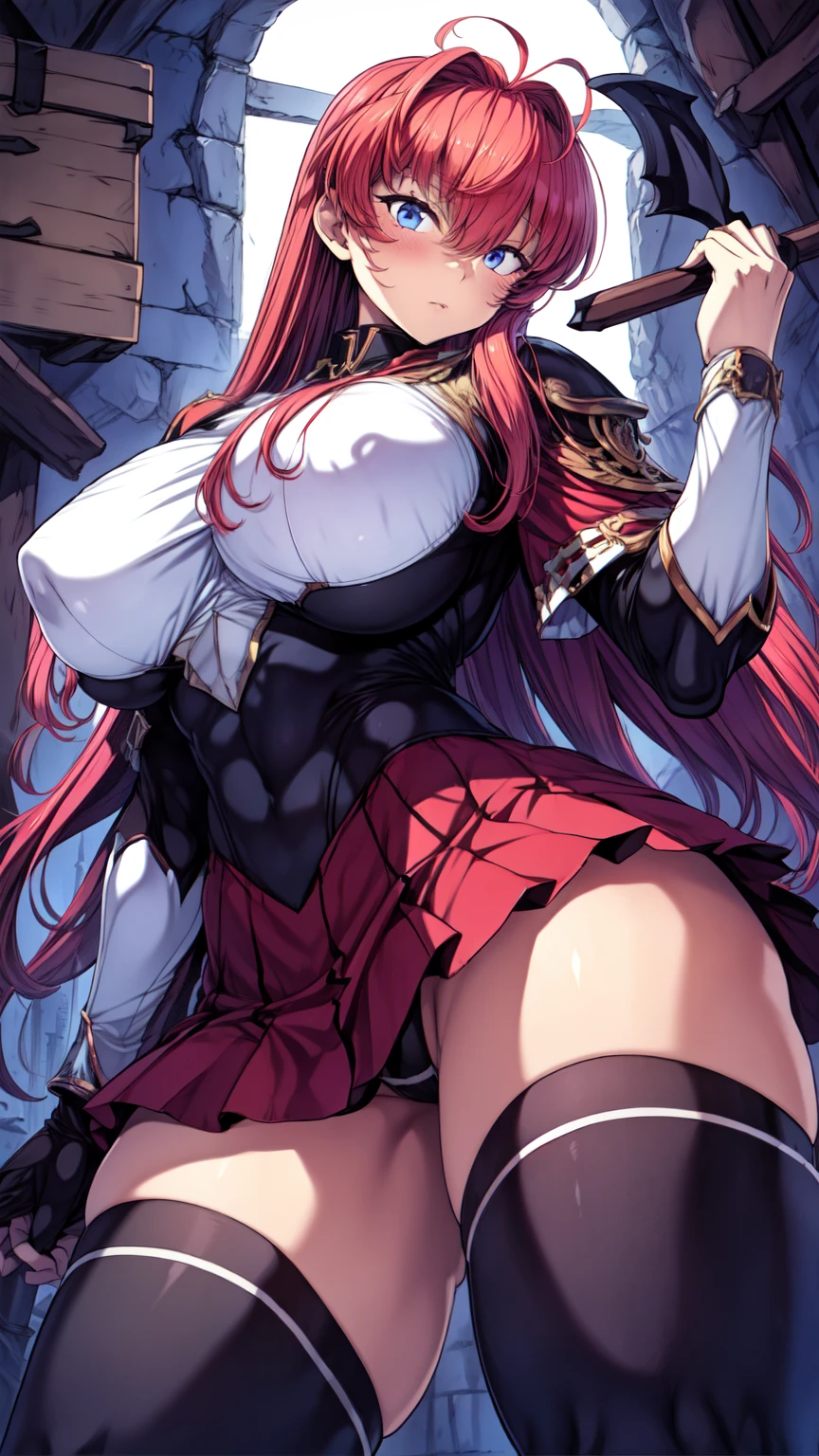 masterpiece, Highest quality,1girl,solo、large breasts,official、female knight、(((White Disciplinary Committee Chairperson、Noein)))、Ahoge、Red Hair、Very long hair、Wearing white military uniform、An adult woman holding a thin long sword、Epaulettes、Purple Skirt、Blue Eye、RAW Color,Clear images、dark color、tall、((Black Stockings:1.1))、(armor_highheel),whole body、Purple leg armor、Narrow eyes、Fighting monsters、(Dark Dungeon、Dark Prison) Are standing