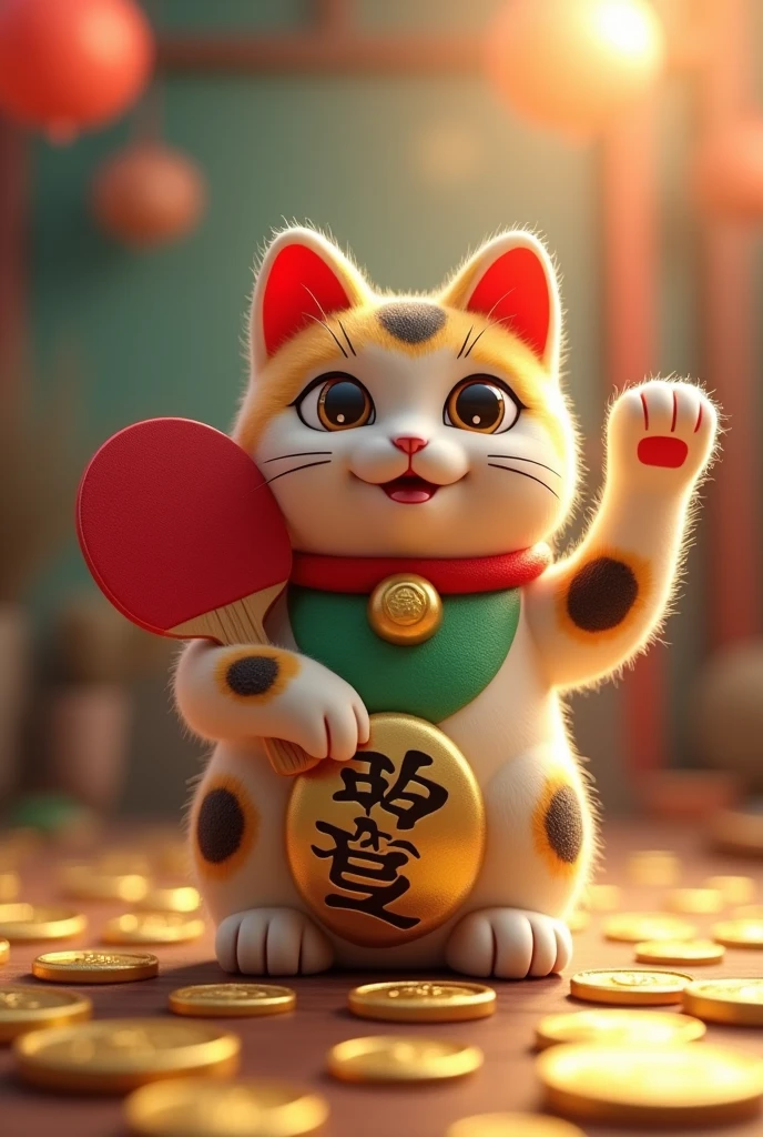 Maneki neko with ping pong paddle and gold coins