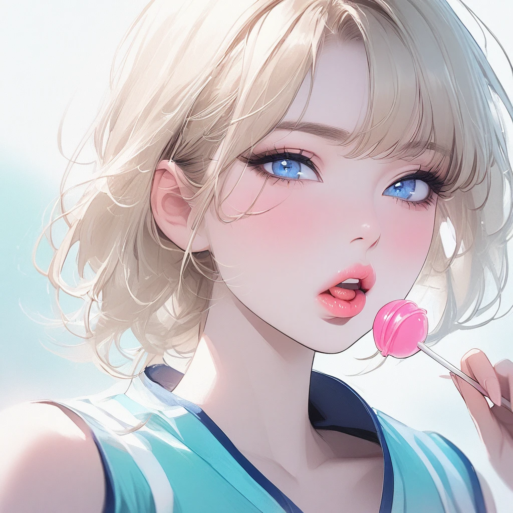 Girl, light blonde hair, blue eyes, beautiful, cheerleader uniform, pastel colors, face close-up, flat, sucking a pink lollipop, lipgloss, brat, holding lollipop, lips, sexy, ethereal, wide mouth, attractive, lips