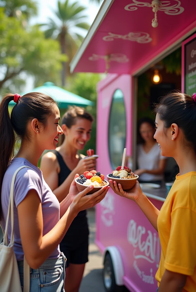 customers in front of the açaí trailer ,eating acai , ultra HD, high qualiy, best qualityer, high resolution, 8k, 16k perfection in the details