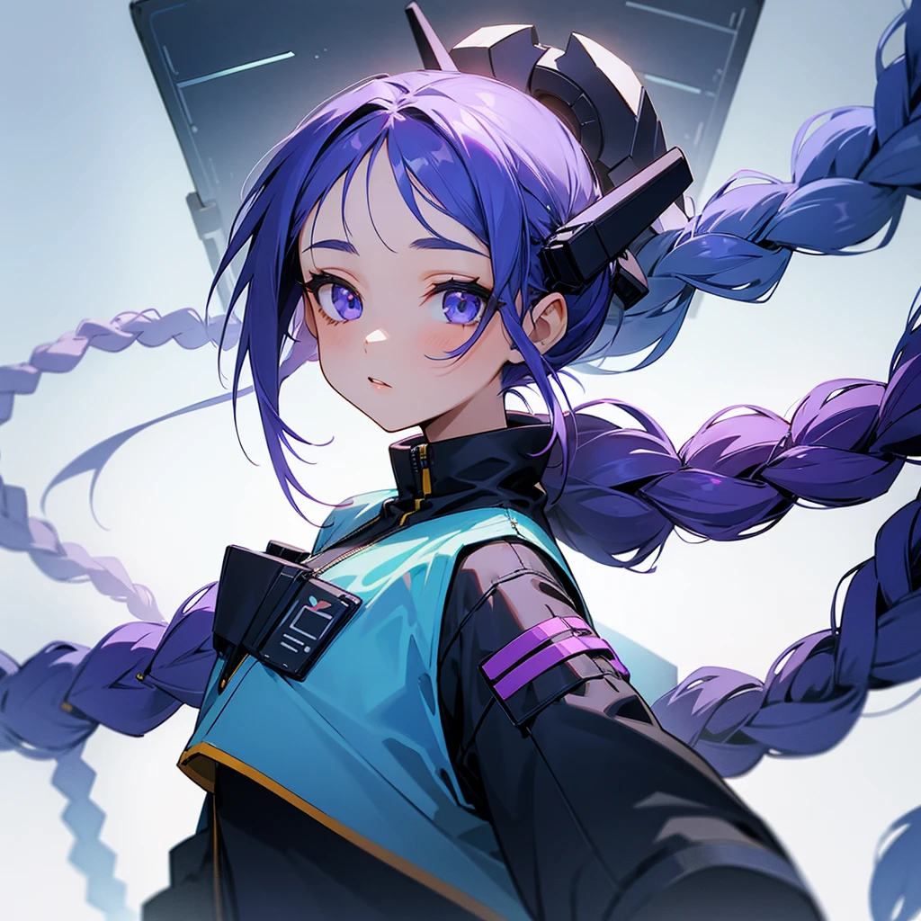 young girl, indigo hair tied in a single long braid, with cyber style clothing