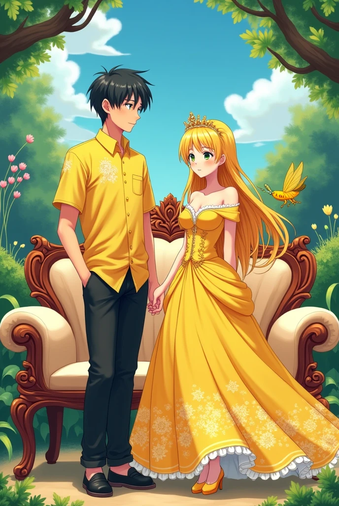 1 Japanese man,Age 27,black short hair,Yellow short-sleeved shirt with Sakura pattern,black pants,black shoes,1 Japanese woman,Age 24,long yellow hair,yellow princess dress,crown,behind,Queen sofa,Yellow grasshopper behind the sofa,Anime