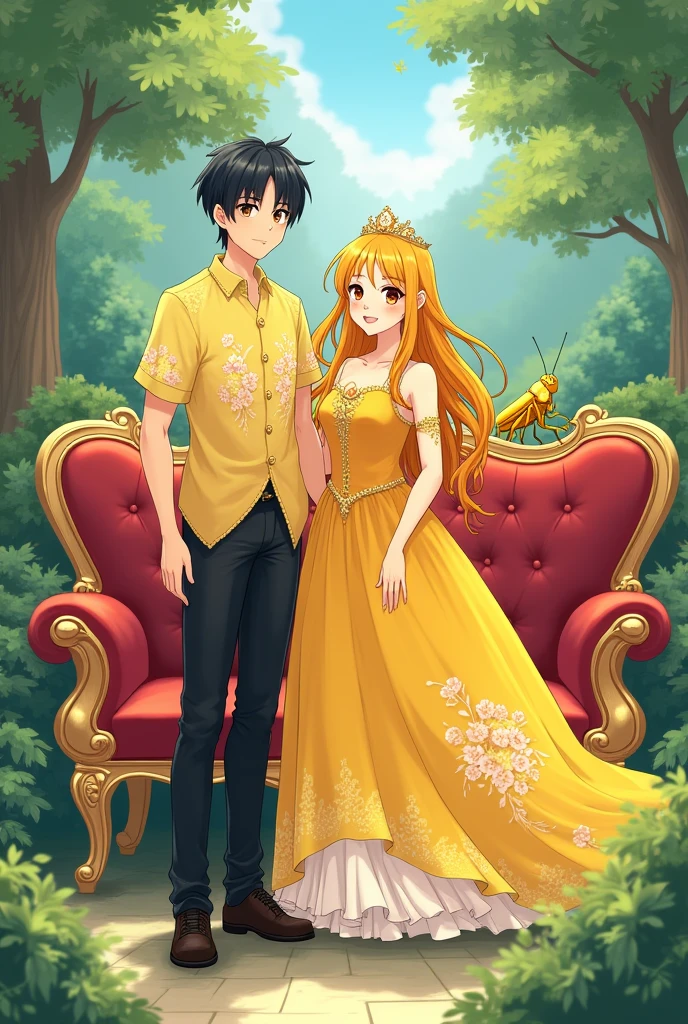 1 Japanese man,Age 27,black short hair,Yellow short-sleeved shirt with Sakura pattern,black pants,black shoes,1 Japanese woman,Age 24,long yellow hair,yellow princess dress,crown,behind,Queen sofa,Yellow grasshopper behind the sofa,Anime