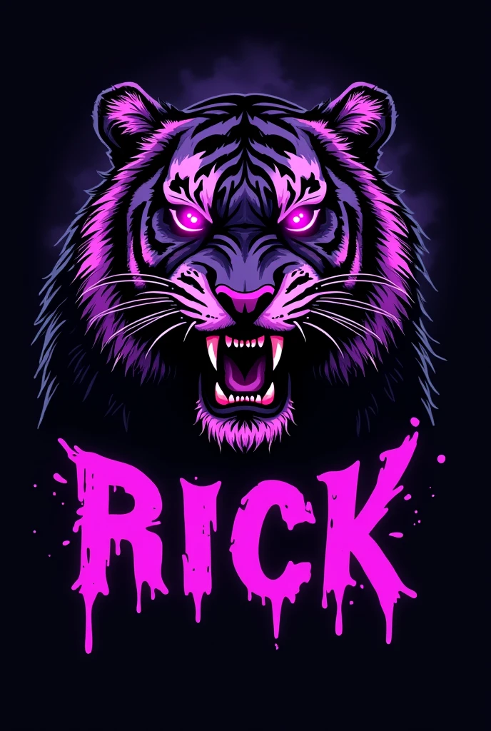 Neon purple and black youthful brand logo featuring a tiger with gothic font/punk
