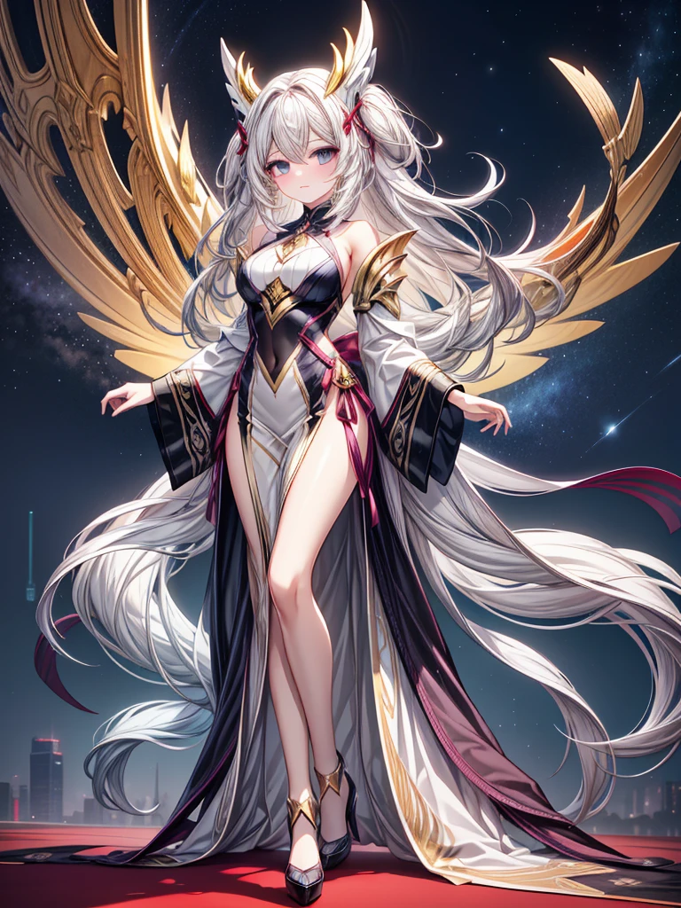 Create a beautiful girl inspired by Solgaleo with a celestial and majestic presence. She has long, flowing hair that glows with a golden light, and piercing eyes. Her sleek, elegant outfit features high slits or cutouts for increased lower body exposure. The background is a cosmic scene with a radiant sun. Show her from various angles to capture her graceful form and the captivating details of her outfit."