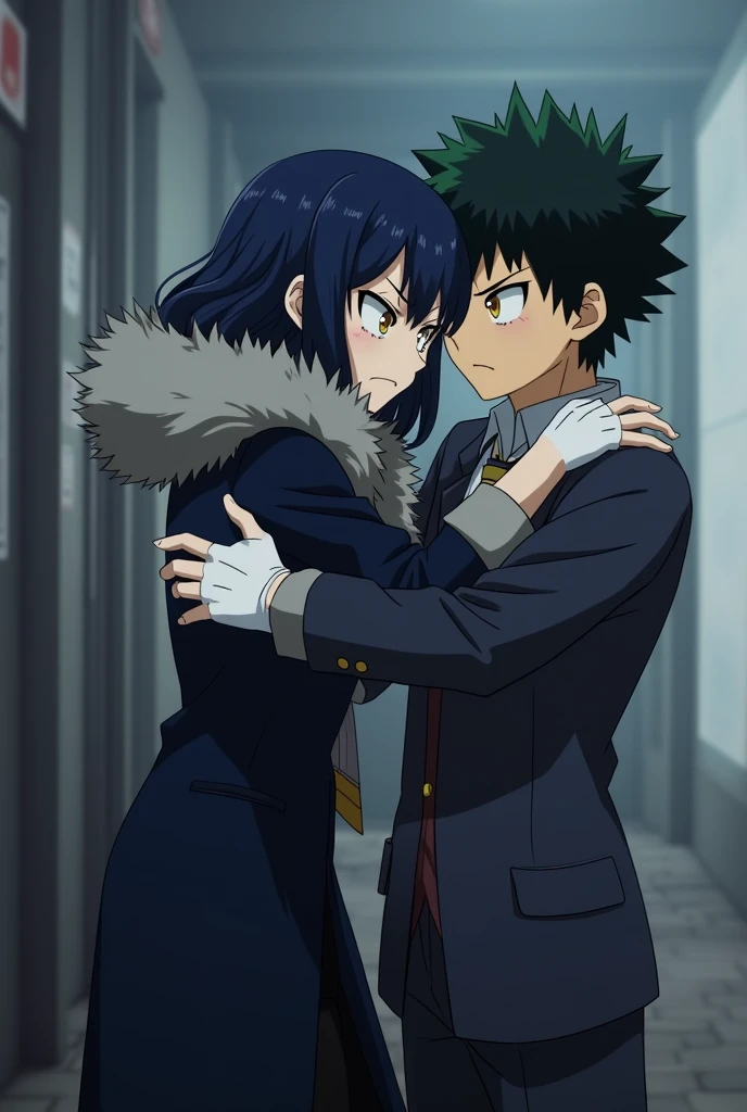 Screenshot of my hero academy, Girl with navy blue hair and lighter blue streaks, yellow eyes, Light skin and an annoyed, frowning expression. While wearing a dark suit that covers his torso up to above his thighs (Kind of crazy) While wearing a furry grey coat, He wears the hood of his coat over his head.,He is wearing dark wide trousers, And some white fingerless gloves, While kissing with Shinso from Mha.
