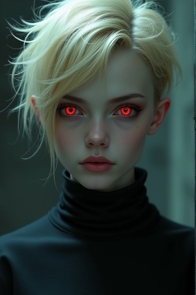 A blonde girl with short, spiky hair, serious look and red eyes