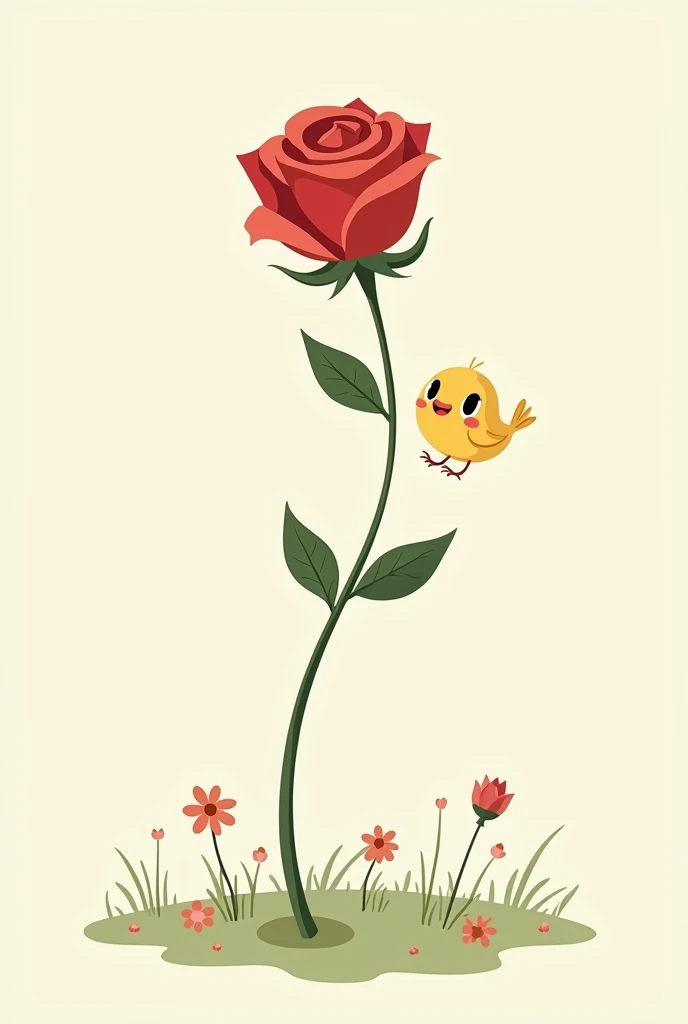 Draw me falling rose in cartoony style and some little bird but make it easy to draw on a canvas