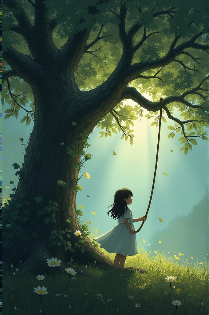 A girl's fate is tied to a tree by an invisible rope