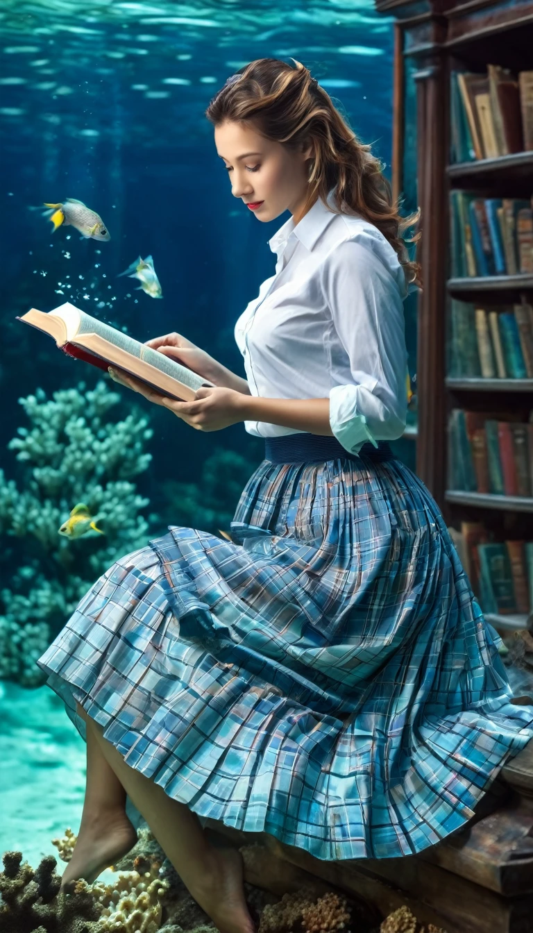 (masterpiece: 1.2, best quality), realistic, (real picture, complex details, depth of field), best quality, masterpiece, high detail, semi-realistic, a beautiful woman wearing shirt and long skirts was reading book in underwater library full with books and fishes and corals 