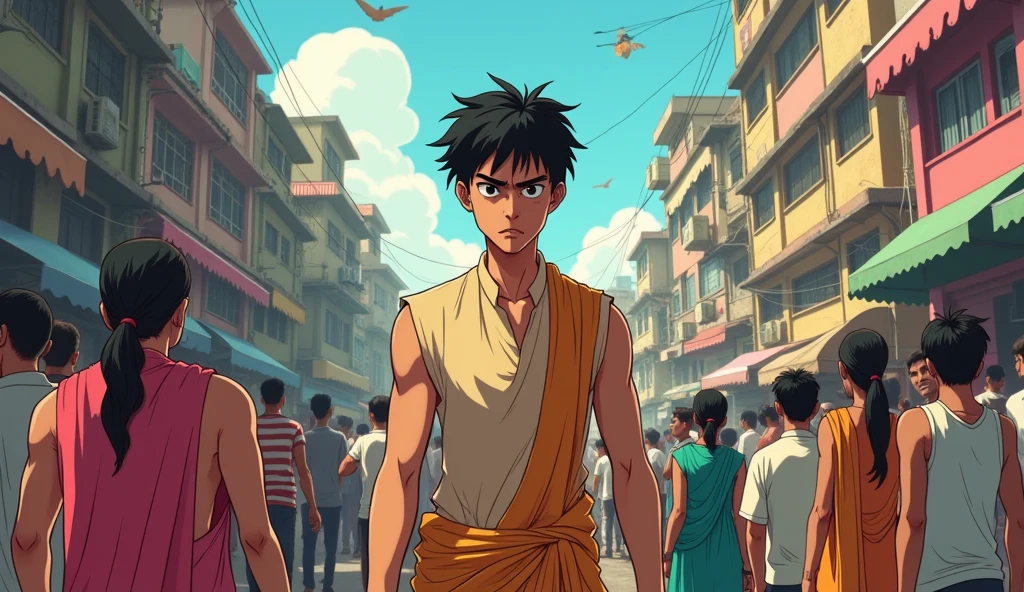 A young Indian man with a bigoted personality talking to people in the Indian city of Mumbai, make this image into an anime.