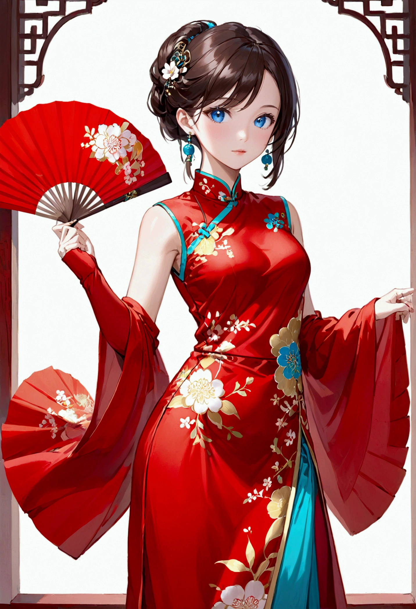 girl with dark brown hair, blue eyes,Tall, rectangular body type, Mature,Red cheongsam,(Fan in one hand),(One hand crosses the waist)