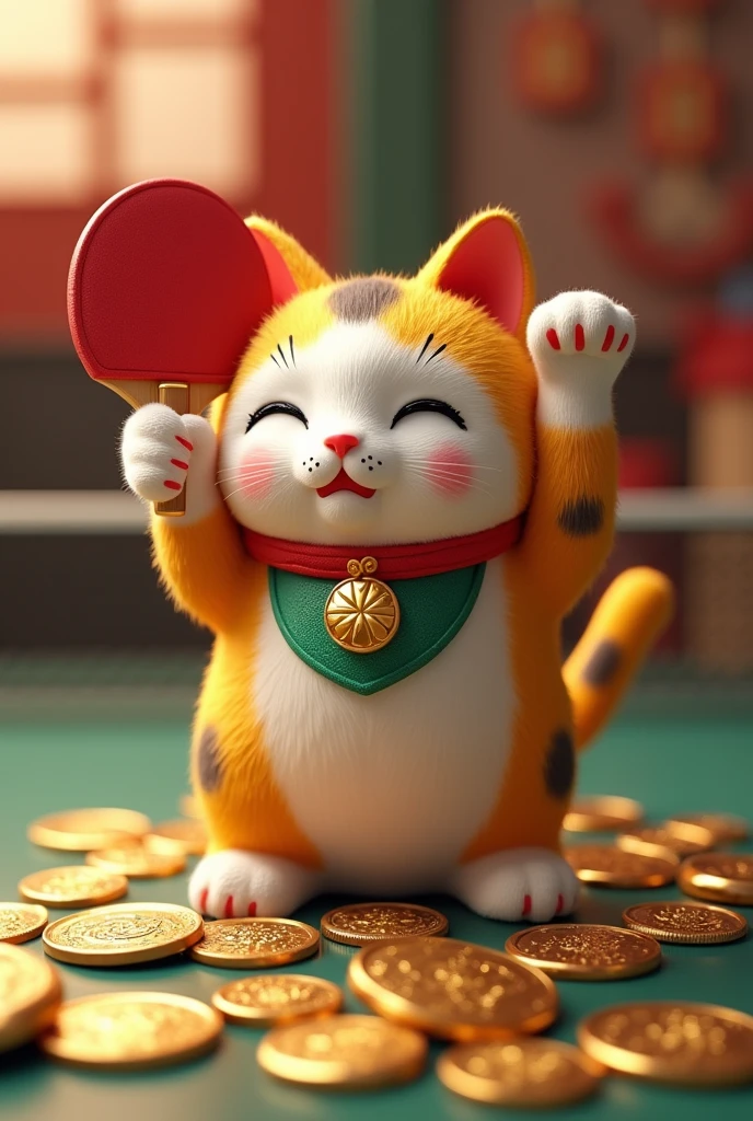 Maneki neko with ping pong paddle and gold coins