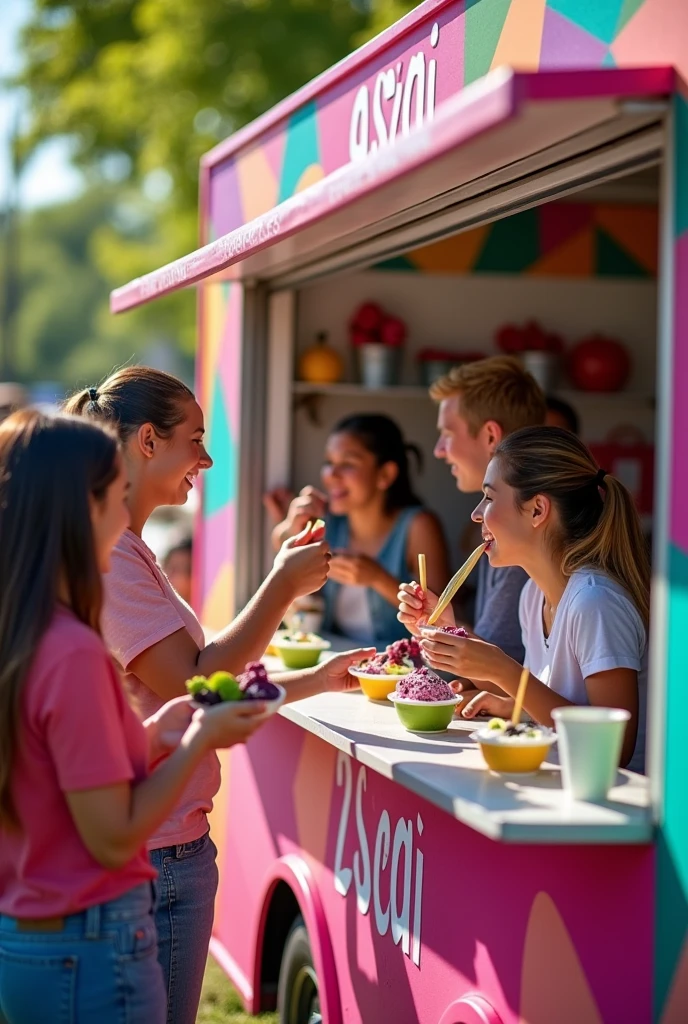 customers in front of the açaí trailer ,eating acai , ultra HD, high qualiy, best qualityer, high resolution, 8k, 16k perfection in the details
