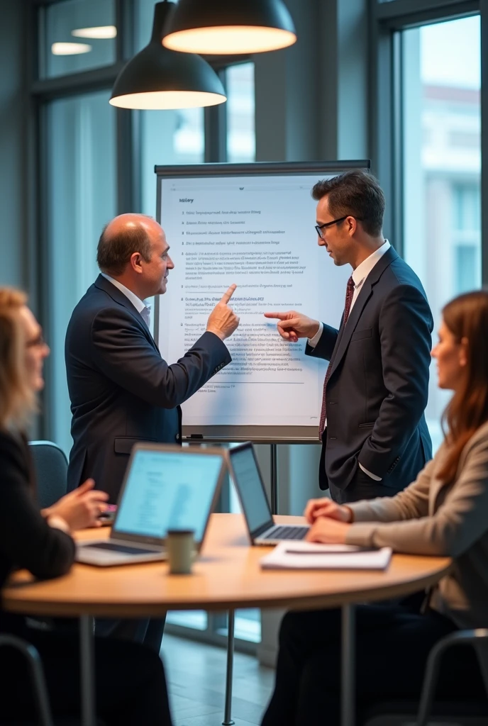 Next to the board, A group of employees are gathered at a round table, reviewing and discussing the content of the ethical code with their laptops and notebooks open, showing a collaborative process and constant feedback. One of the employees is pointing at the document on the board, indicating a specific point of interest.