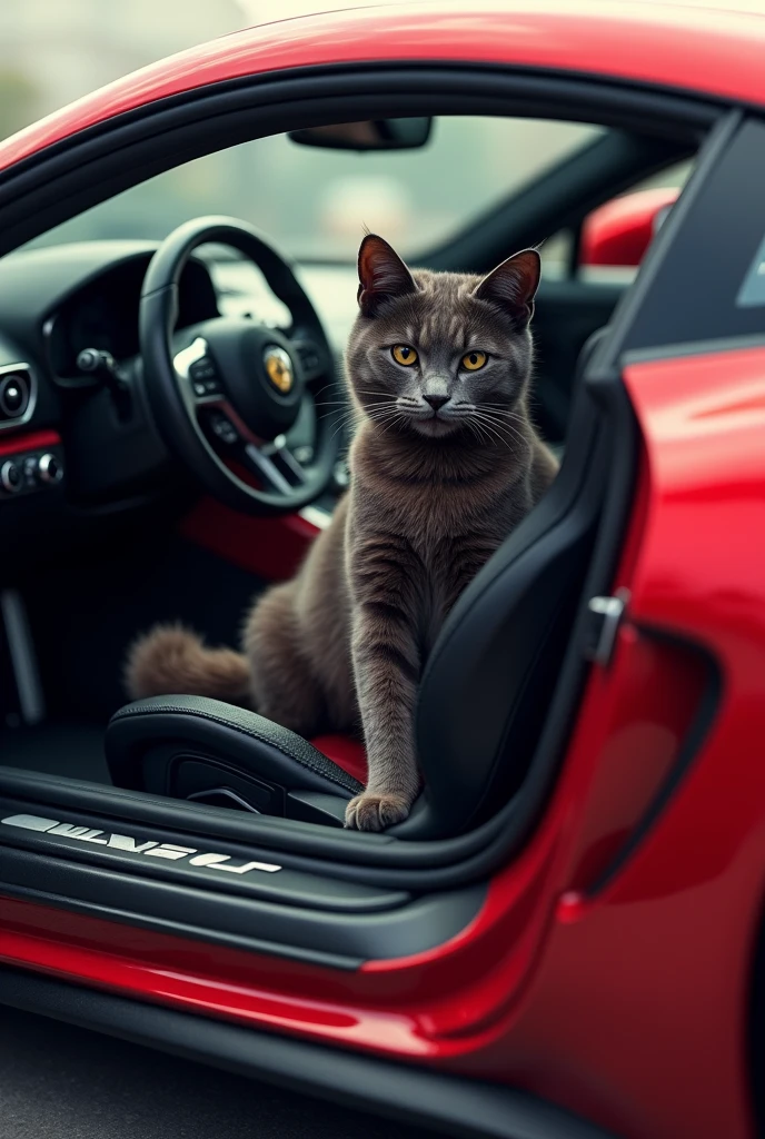 Give me a cat with a sports car in the back