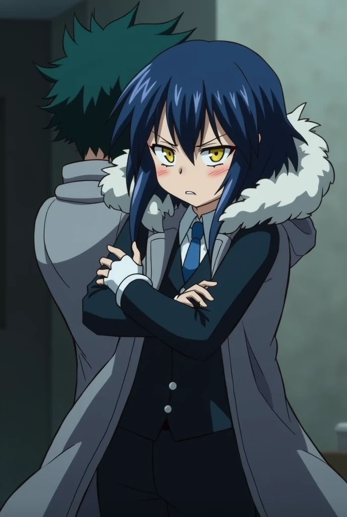 Screenshot of my hero academy, Girl with navy blue hair and lighter blue streaks, yellow eyes, Light skin and an annoyed, frowning expression. While wearing a dark suit that covers his torso up to above his thighs (Kind of crazy) While wearing a furry grey coat, He wears the hood of his coat over his head.,He is wearing dark wide trousers, And some white fingerless gloves, While kissing with Shinso from Mha.