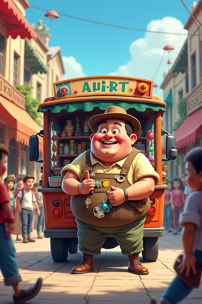 Merchant person selling from his truck in animated style