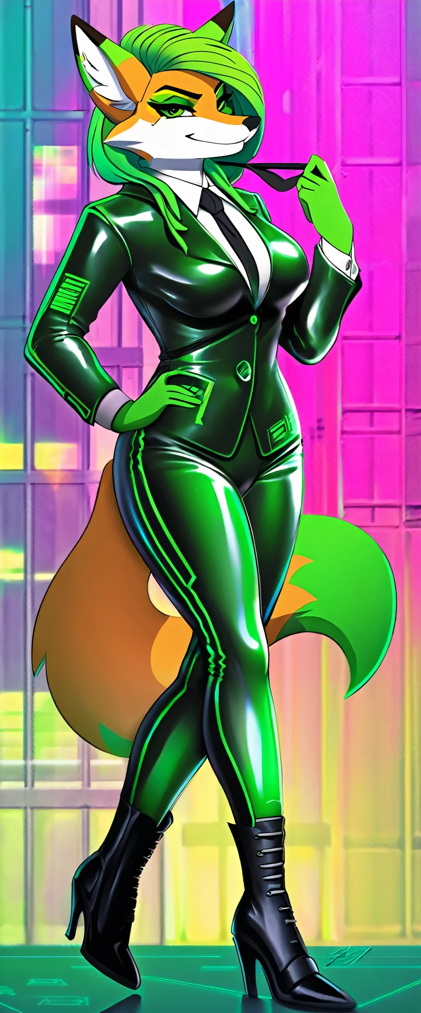 a ((full body)) cartoon picture of an anthropomorphic, android (((fox:0.9))), cyberpunk style, (((shiny green latex cyberpunk business suit and tie:1.5))), (((high heeled boots))), professional drawing, female anthro fox, medium breasts, ((smirking:1.0)), metallic green eyeliner, (((detailed green eyes:1.0))), ((acid green colored cyberpunk hair and tail tips)).