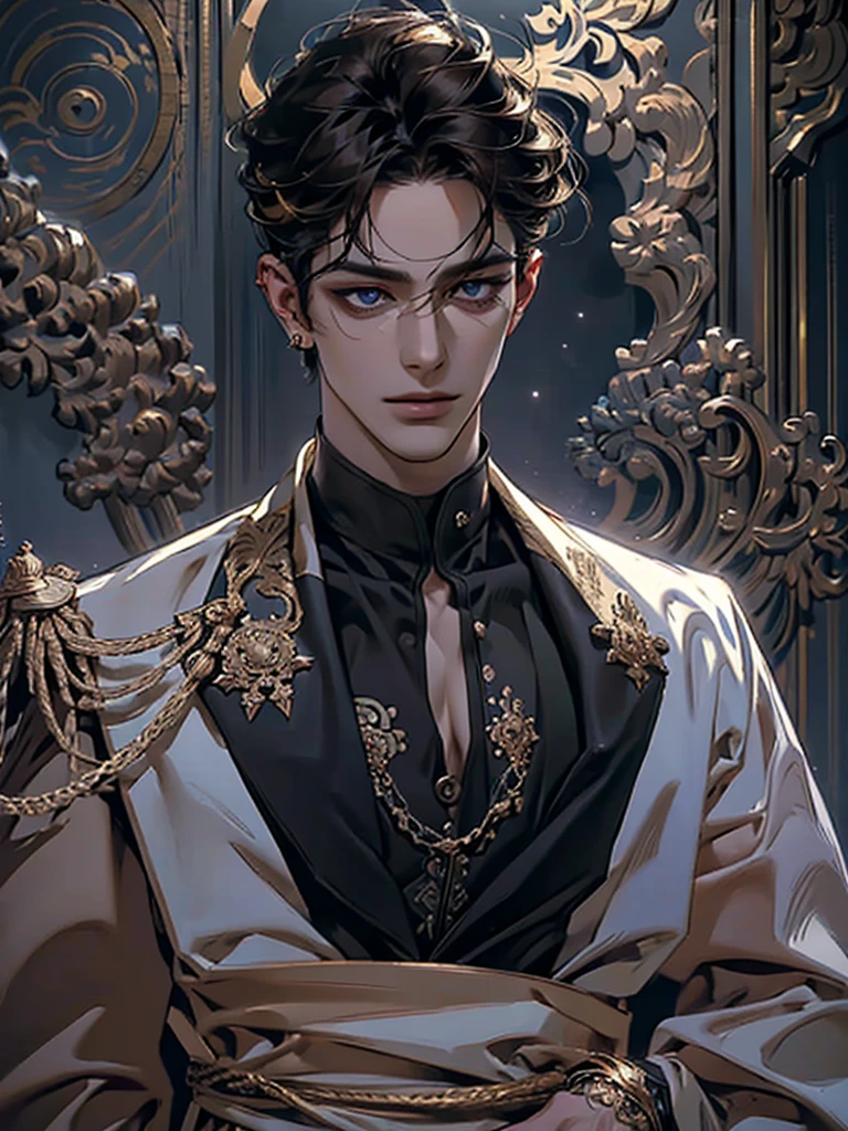 close-up cleavage, Handsome men, golden eyes, (Focus eyes, detail eyes, The eyes are bright), (focus face),(Focus clothing), (Focus gold accessories), Medium long black hair, ear piercings, medium skin, dark blue coat, Meticulous suit, gold accessories on clothes, dark blue ties (perfect anatomia:1.2), Highqualityshadow, natural lighting, (White highlights:1.2), (starrysky), (shining), enchanted, serious, small smirk