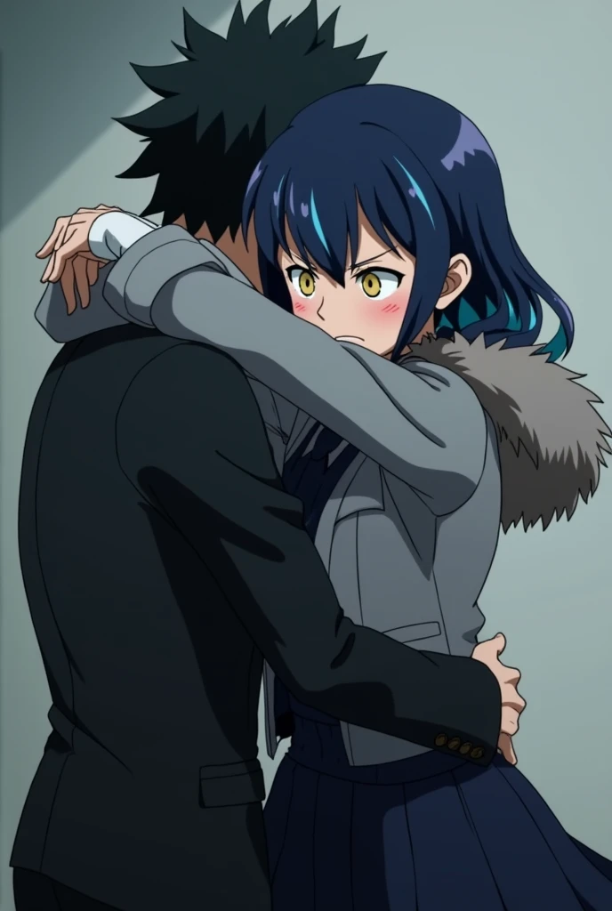 Screenshot of my hero academy, Girl with navy blue hair and lighter blue streaks, yellow eyes, Light skin and an annoyed, frowning expression. While wearing a dark suit that covers his torso up to above his thighs (Kind of crazy) While wearing a furry grey coat, He wears the hood of his coat over his head.,He is wearing dark wide trousers, And some white fingerless gloves, While kissing with Shinso from Mha.