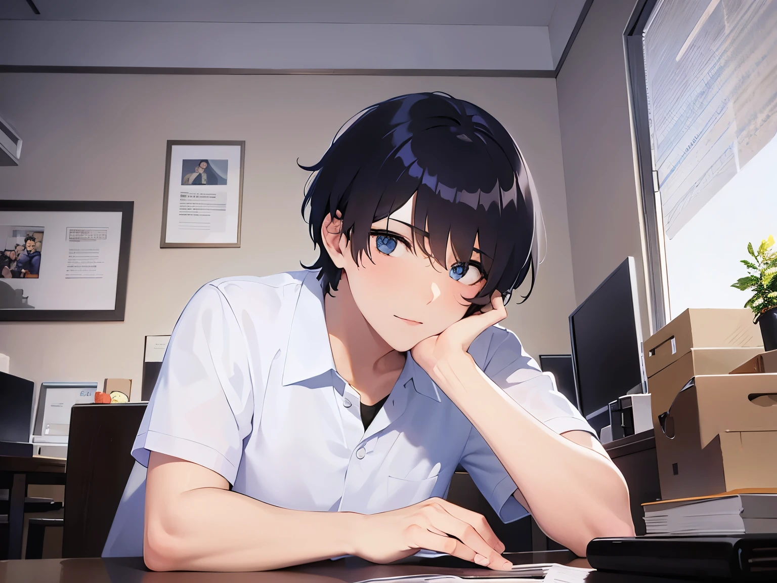 masterpiece,Highest quality,BREAK (A 29-year-old man:1.5) and (Black short hair) and (Blue eyes)BREAK,White short-sleeved polo shirt,The background is the company desk,(Serious),Alone