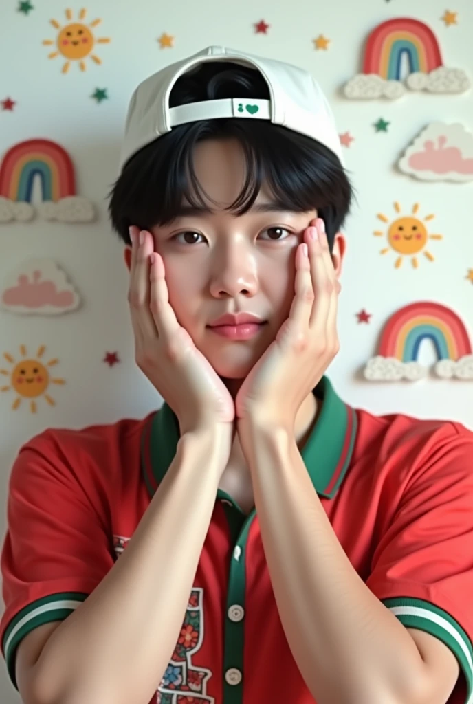 Foto realisitic de um cantor de kpop masculino coreano, 24 years, pale face, strong and muscular body, beautiful face, black hair with bangs, wearing a cute white cap, wearing a red shirt with green and white with a green collar, with hands on face, making a cute face, cute face white background with sun stickers, rainbow, clouds and stars, concept Photo, realisitic, idol , looking straight ahead , close-up