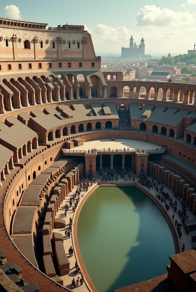 Create an image of the Colosseum in its glory in Ancient Rome, from a top angle, showing it completely, with its inner part filled with water