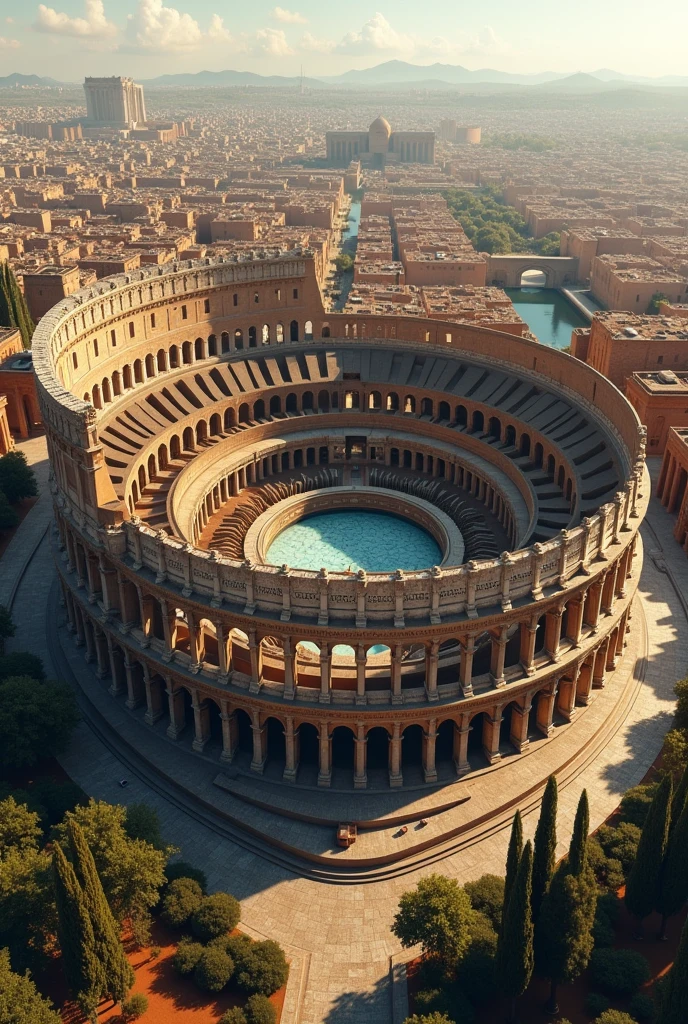 Create an image of the Colosseum in its glory in Ancient Rome, from a top angle, showing it completely, with its inner part filled with water