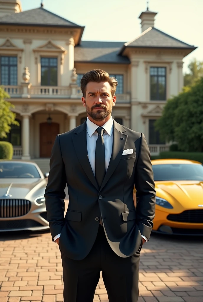 A man in front of his mansion with luxury cars, exuding wealth.