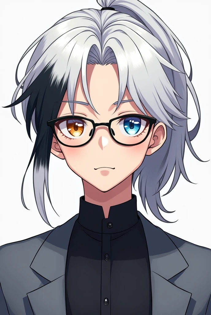 Young man with white hair and black tips and a ponytail and eyes of two different colors and glasses anime version