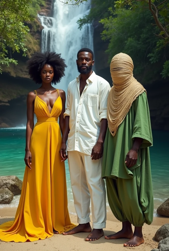 A black woman in a yellow dress, a black man dressed all in white, a black man dressed in green and a black man covered in straw clothes up to his head at a waterfall 