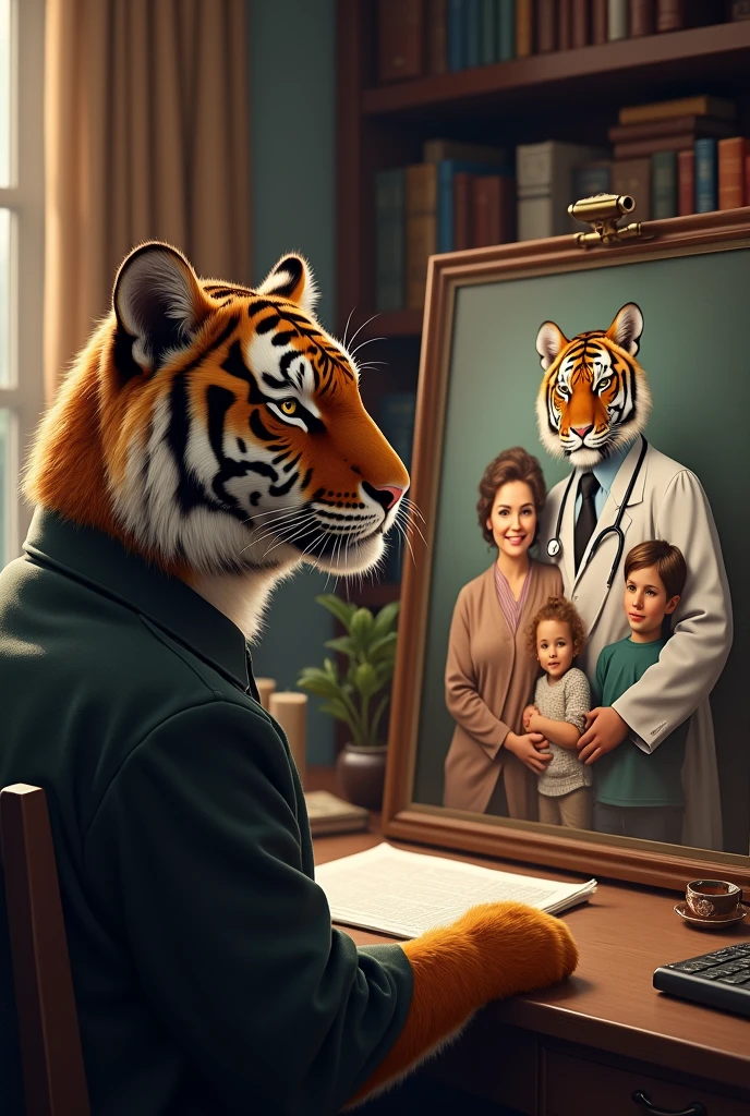 College Tiger looks at a photo of a tiger family with the doctor dad