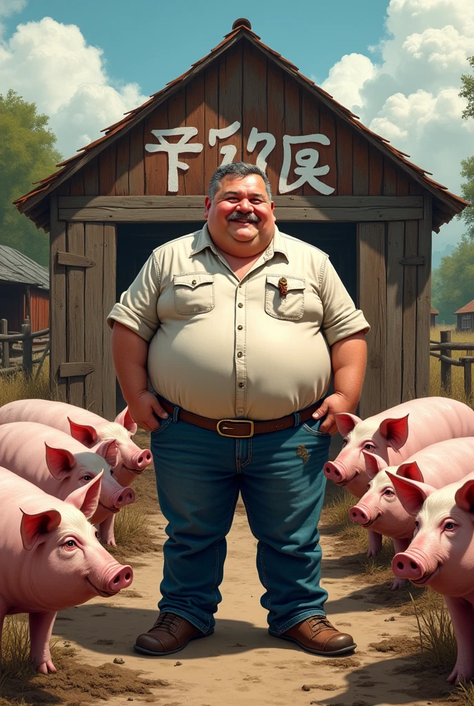 Make a picture of a fat man standing in front of a dirty pig farm. and write the word"อนันต์ฟาร์ม"Stylist America has bright colors and muddy pigs in the photos.