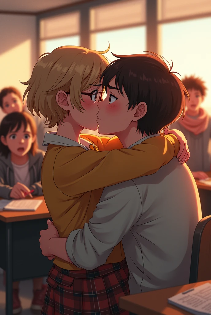 1 boy, 1 girl, kissing in class, both , everyone starring, girl has short brown hair, boy has glasses and dirty blonde hair, both very happy but surprised, hugging very tightly, very passionate,