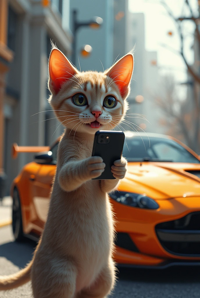 Give me a cat taking a selfie and behind it there is a sports car