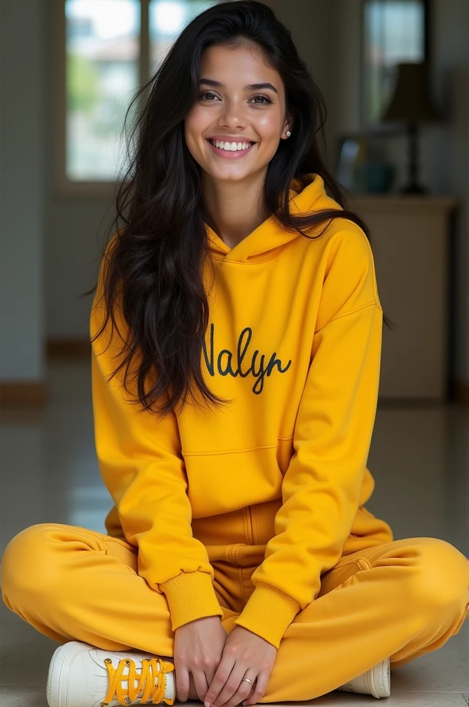 real one pinay women beautiful with hoodies yellow printed name "nalyn" with pants shoes sitting in floor