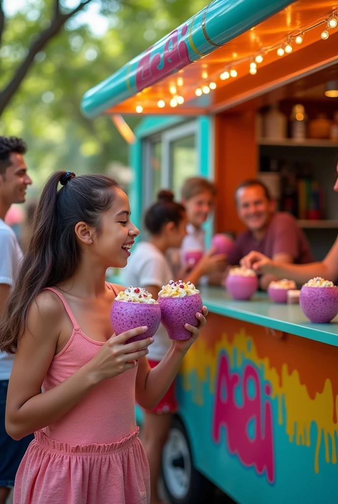 customers in front of the açaí trailer ,eating acai , ultra HD, high qualiy, best qualityer, high resolution, 8k, 16k perfection in the details
