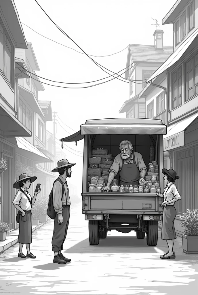 Merchant person selling from his truck in black and white animated style
