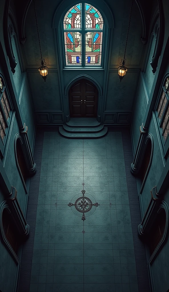 vampire the masquerade, map rpg, ((Map of the interior of a church, with a southern entrance with a double door.
)), game art, birdseye straight top-down shot from a drone, battlemap, current modern theme, seen from above, role-playing game, empty location, nighttime environment, (with realistic proportions and textures, intricate details, handdrawn, vibrant, cinematic lighting, masterpiece, 8k:1.2)