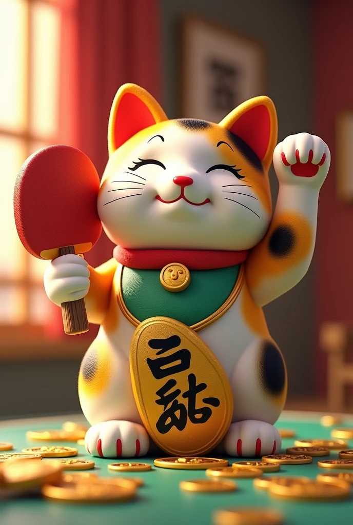Maneki neko with ping pong paddle and gold coins