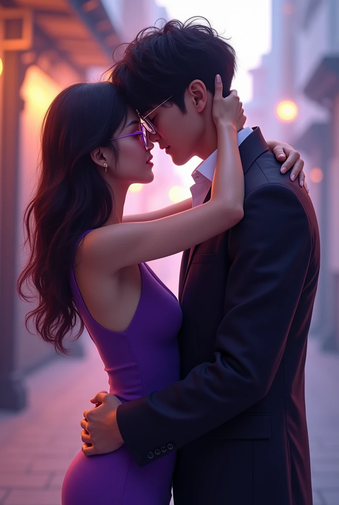 create a young woman of 21 years with black wavy hair glasses with purple tight dress next to the tall man, korean jimin from bts hugging
