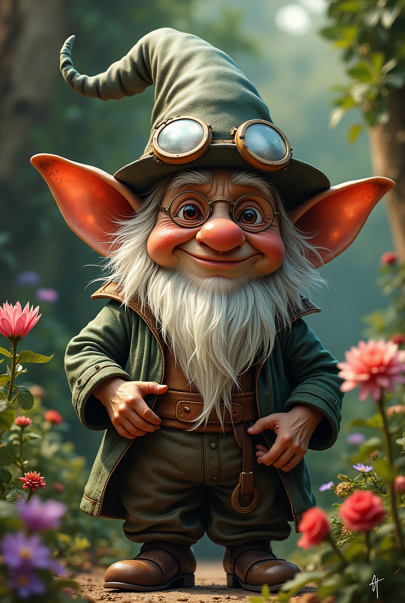 hyper realistic face, arafed gnome with a hat and goggles in a garden, portrait of a gnome called eldon, gnome illusionist, gnome, gnome druid, fantasy art smug smile man, darrell k sweet, an alchemist gnome, inspired by Ron English, adorable digital painting, todd schorr highly detailed, digital art, dwarf scientist of 1 9 century, gnomon, masterpiece, UHD, 18K