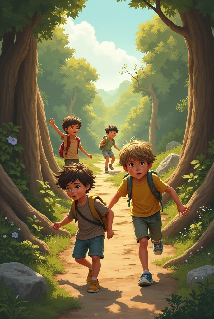4 images of children discovering the obstacles on the way to the meadow.
