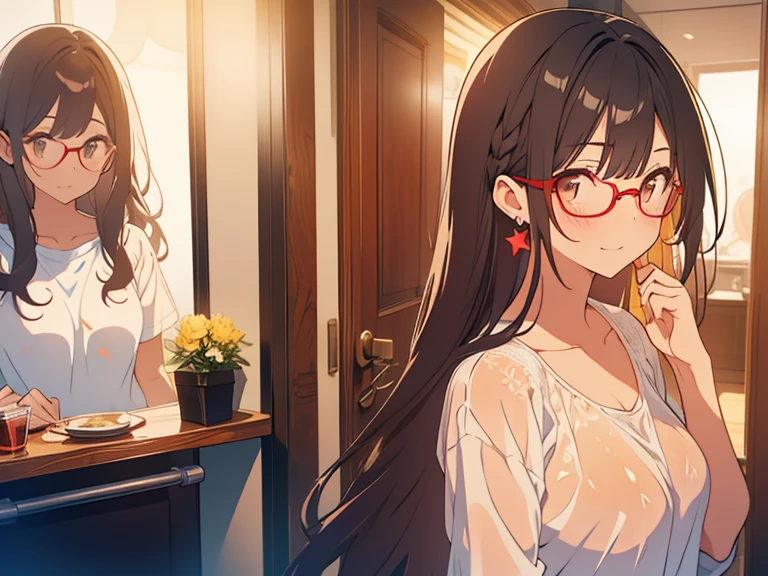 1girl, brown eyes are shining and cute, black hair, long hair, tareme, (red-rimless eyewear:1.2), star earrings, medium breasts, smile, blushful,
BREAK
see-through wet shirt, wet hair, plain white t-shirt ,
BREAK
entrance of the apartment at night,