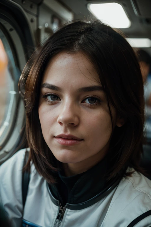 female astronaut j0rd7nj0n3s  in space, beautiful face, realistic photo, (portrait), [smoke], [haze], natural lighting, shallow depth of field, photographed on a Canon EOS-1D X Mark III, 50mm lens, F/2.8, (intricately detailed, hyperdetailed), ((RAW color)), sharp focus, HDR, 4k resolution, Cinematic film