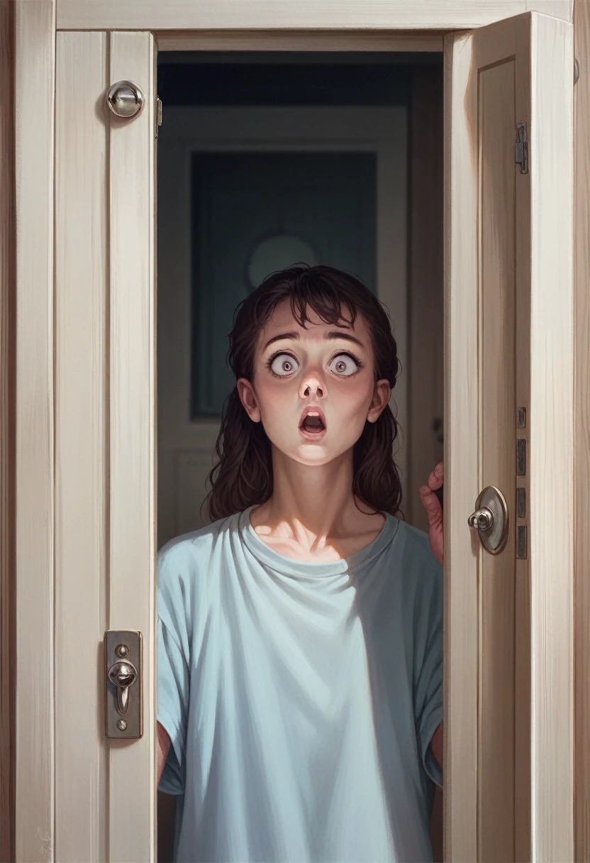 Turkish ???? girl, (20 years old), in the house, front door, dawn, surprised expression, (front view), (face and eyes details), (masterpiece, best quality, highly detailed), (lifelike, natural, naturalistic, photographic, realistic)