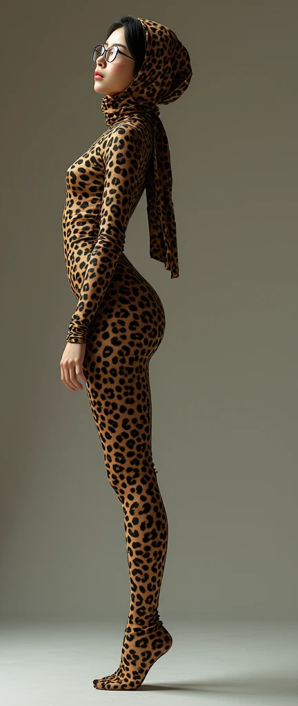 a most beautiful and thin 32 years old chinese contortion woman is wearing a pair of glasses wears leopard lycra footed turtleneck unitard catsuit.She always wear leopard unitard hijab-like hood.She is the most beautiful and has beautiful cheeks.
